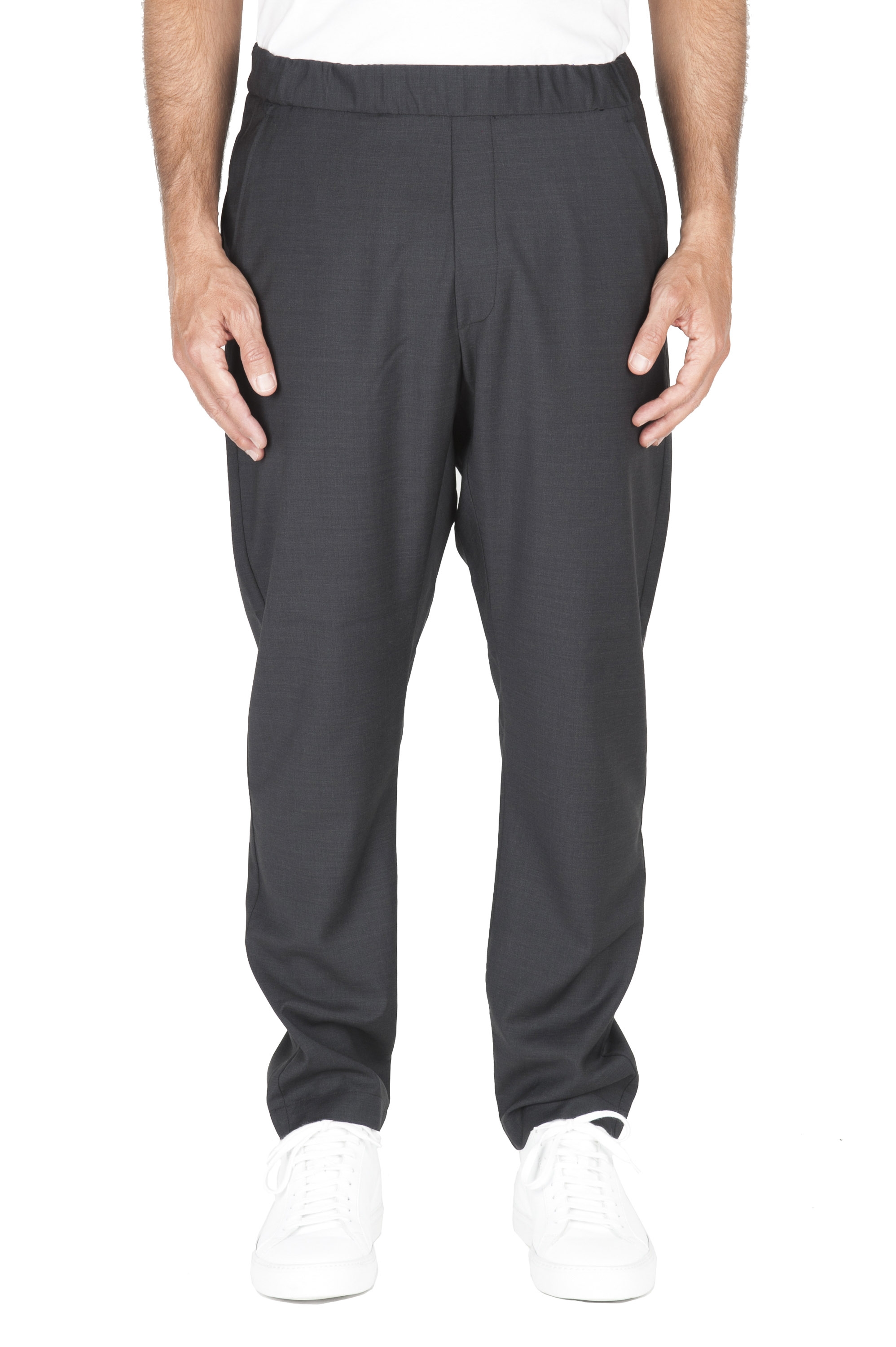 SBU 01887_19AW Pantalones de lana fresca con cintura con cordón gris 01
