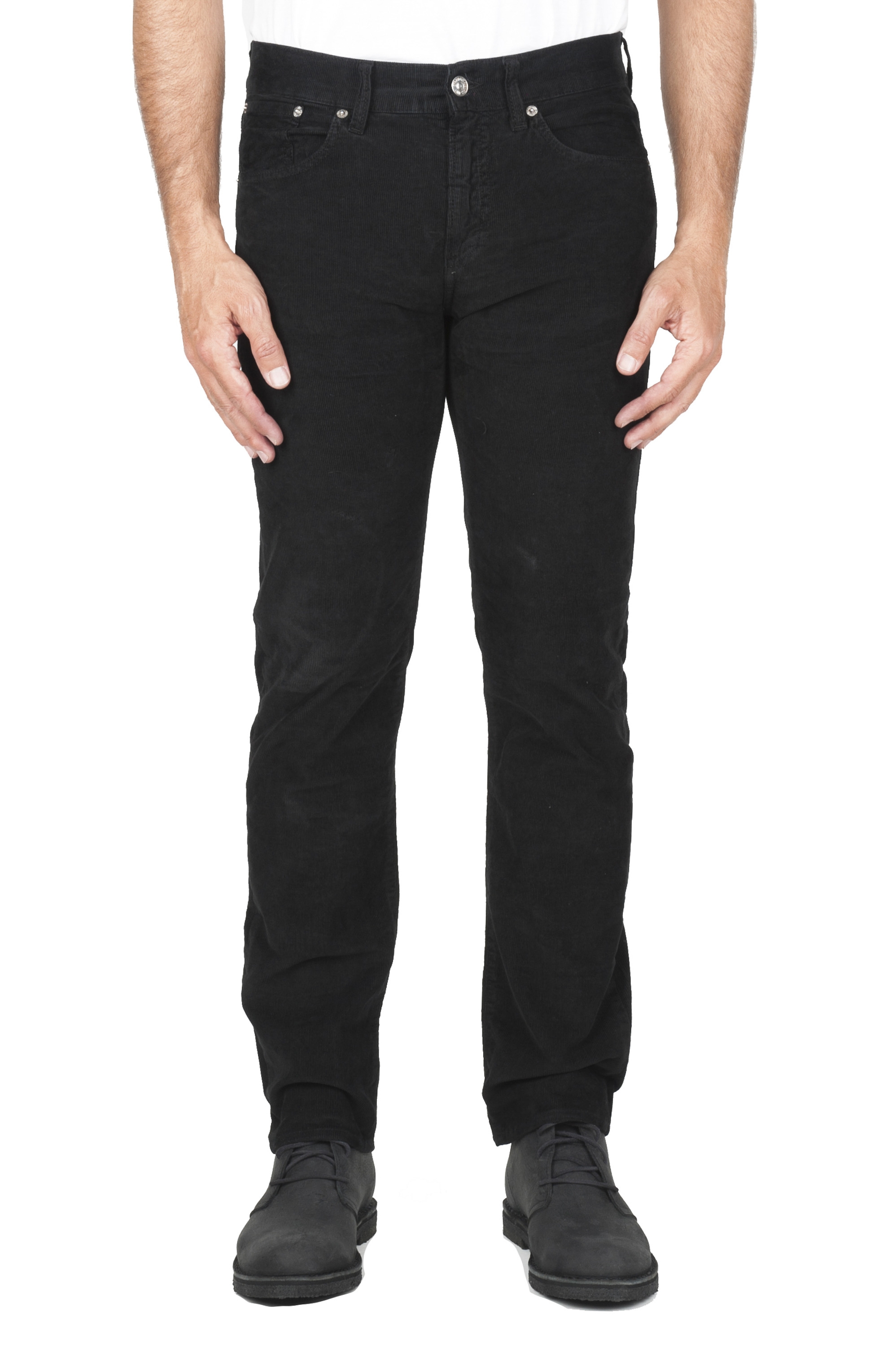 SBU 01459_19AW Black overdyed pre-washed stretch ribbed corduroy cotton jeans 01