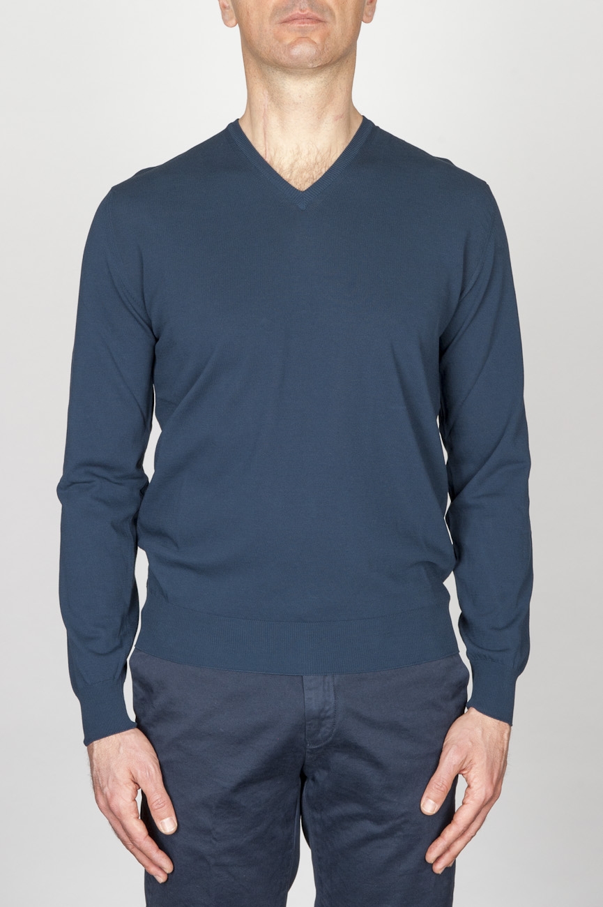 Classic V Neck Sweater In Blue Cotton