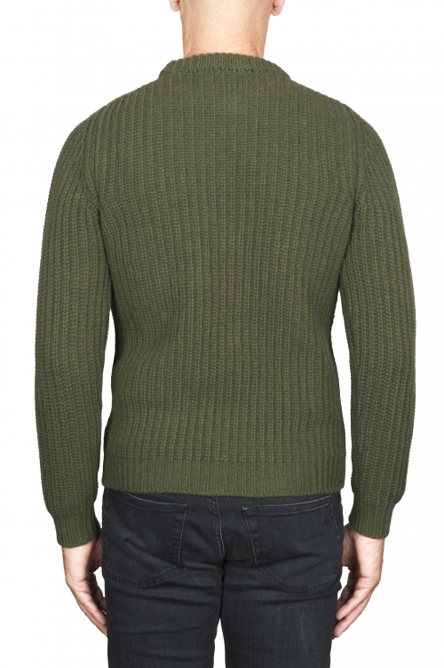 SBU 01597_19AW Suéter clásico de cuello redondo en costilla de pescador de lana pura verde 01