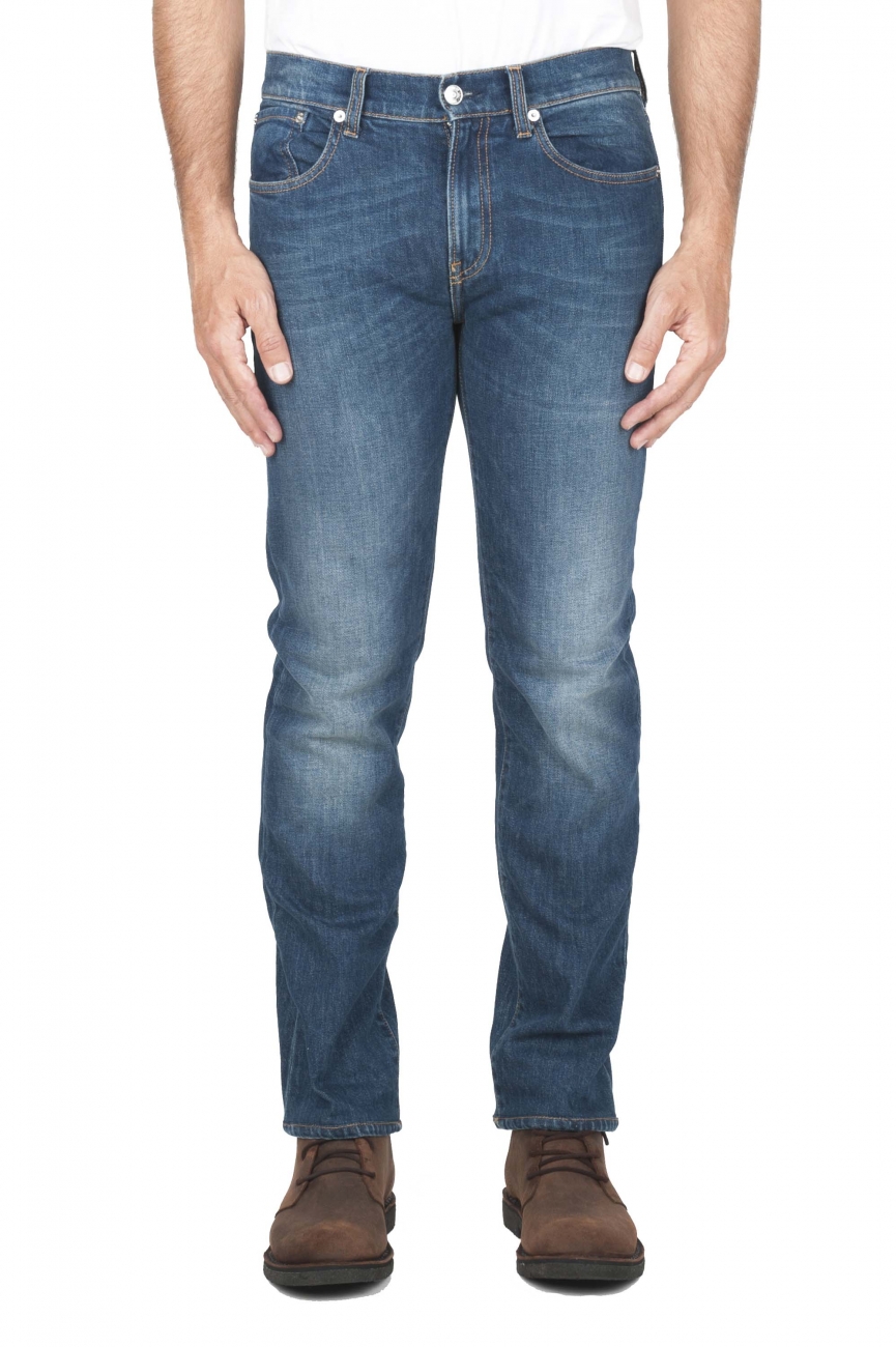 SBU 01452_19AW Teint pur indigo délavé à la pierre coton stretch jeans bleu 01