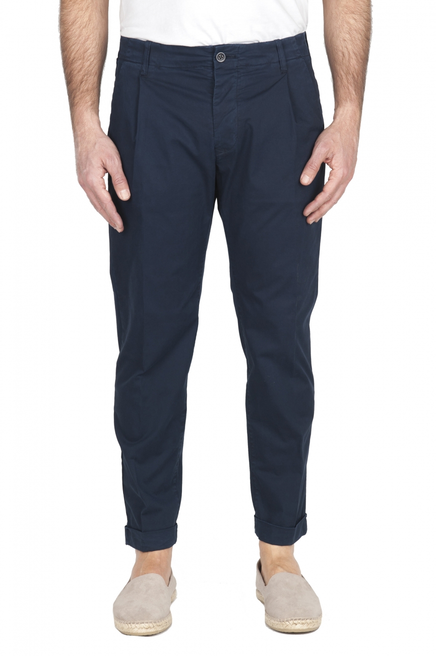 SBU 01954_2020SS Pantalon en coton bleu marine classique avec pinces et poignets 01