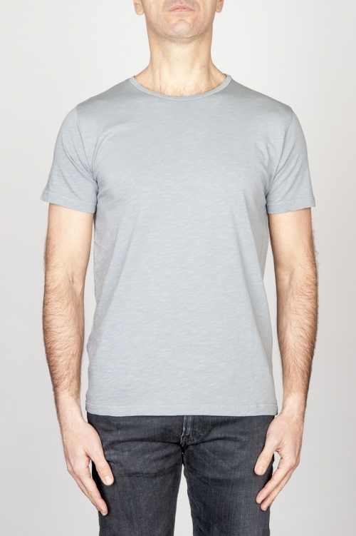 T-Shirt classique gris clair col rond ouvert manches courtes en coton flammé