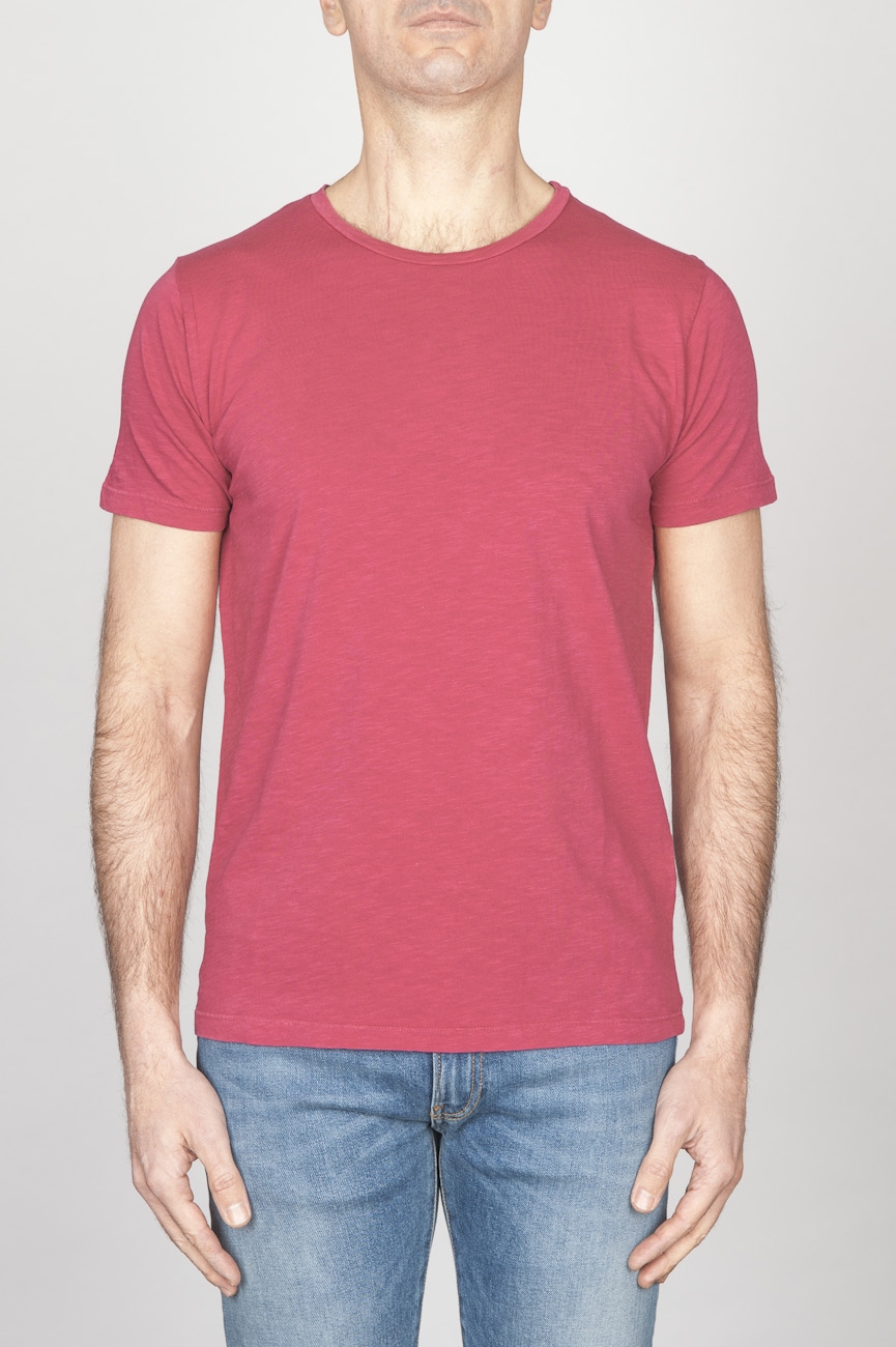 SBU - Strategic Business Unit - T-Shirt Girocollo Aperto A Maniche Corte In Cotone Fiammato Rosso Amarena