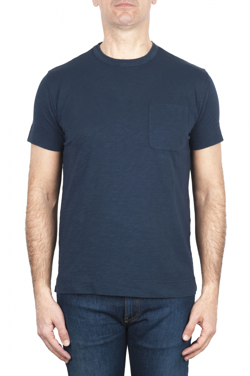 SBU 01996_2020SS Camiseta de algodón azul de cuello redondo y bolsillo de parche 01