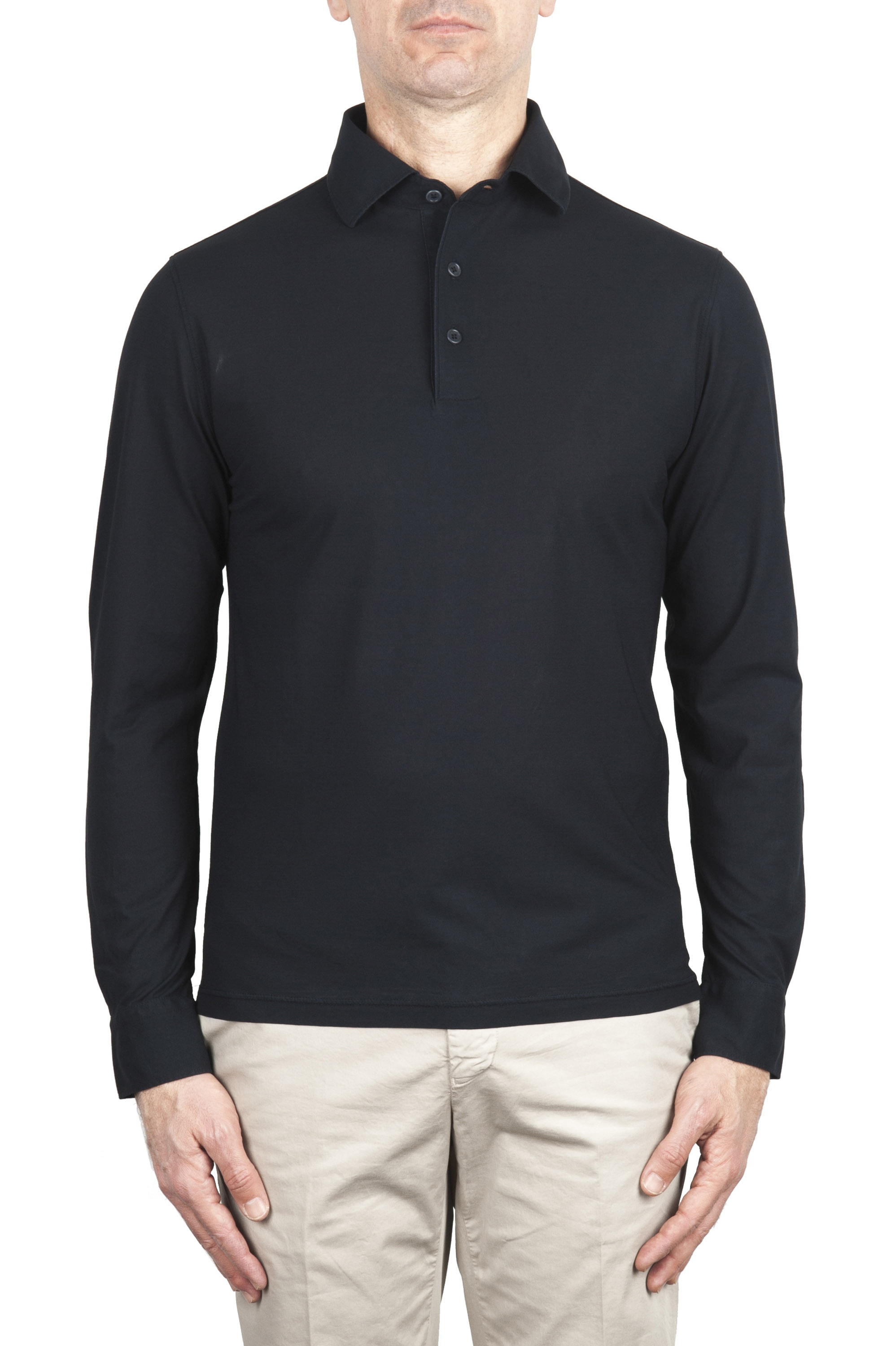 SBU 02052_2020SS Classic long sleeve navy blue cotton crepe polo shirt 01