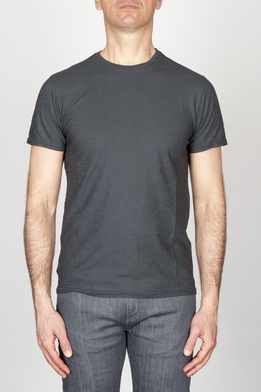 Classic Short Sleeve Flamed Cotton Round Neck Grey T-Shirt