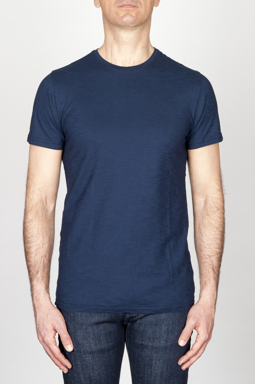 Classic Short Sleeve Flamed Cotton Round Neck Blue T-Shirt