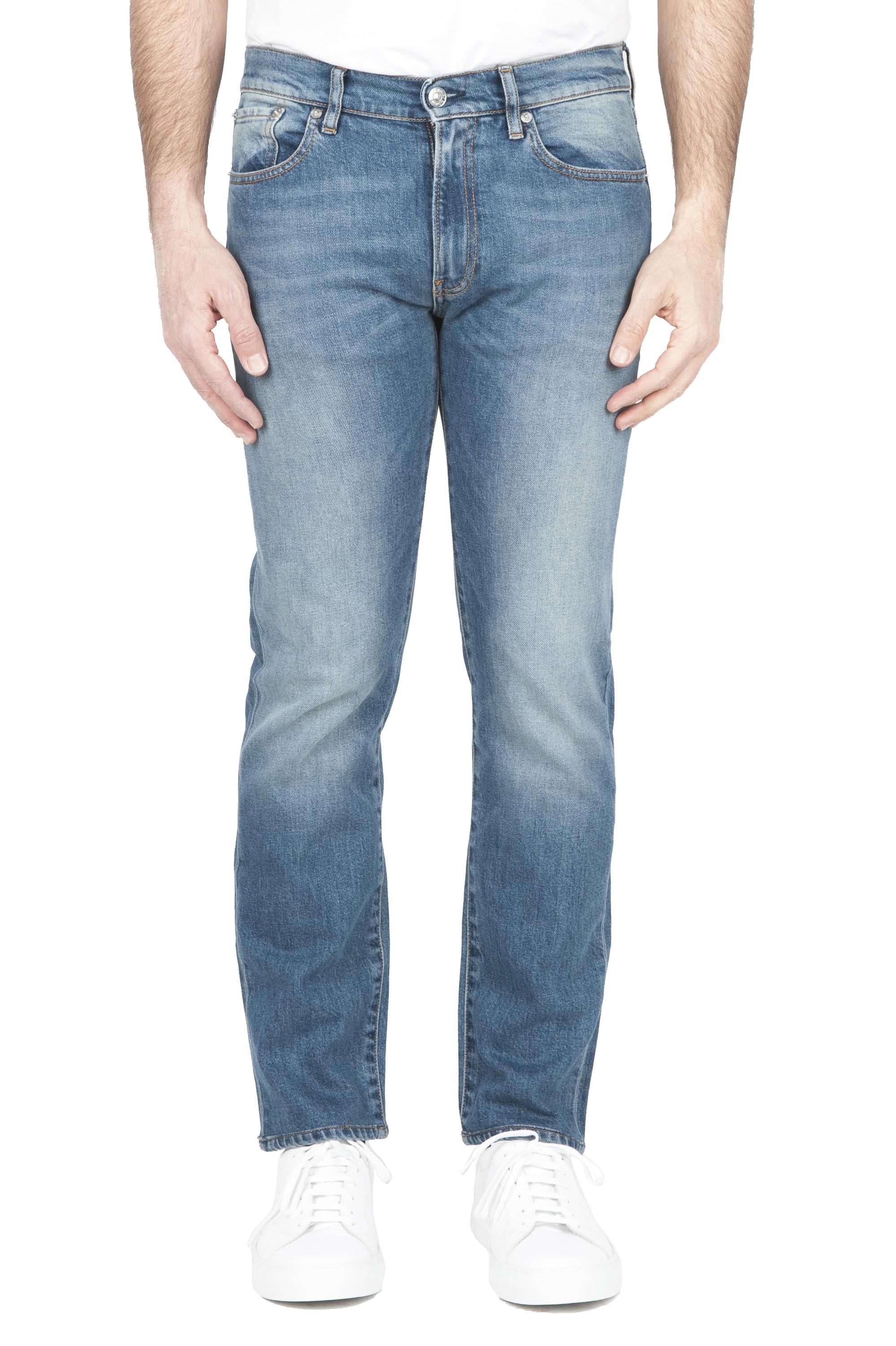 SBU 01450_2020SS Pure indigo dyed stone bleached stretch cotton blue jeans 01