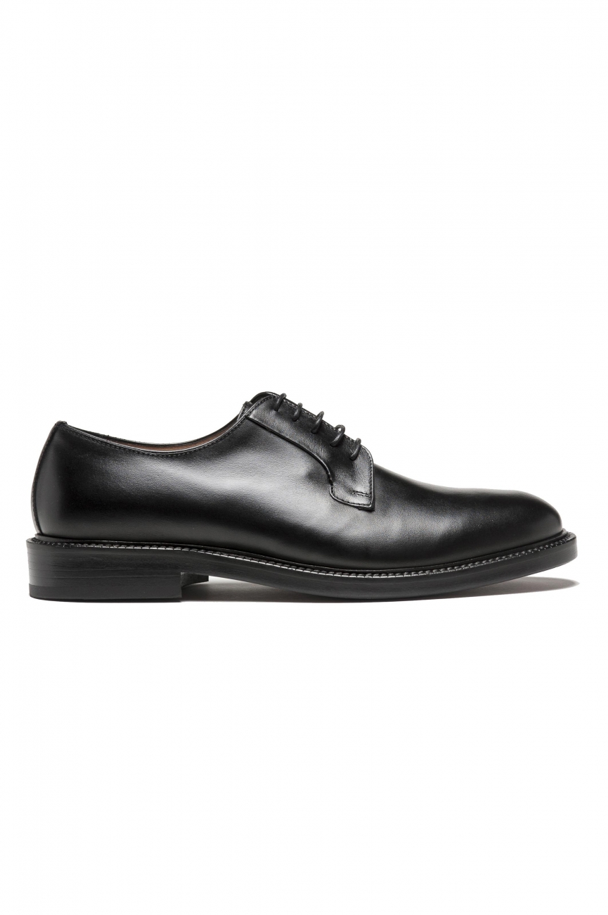 SBU 01502_2020SS Black lace-up plain calfskin derbies with leather sole 01