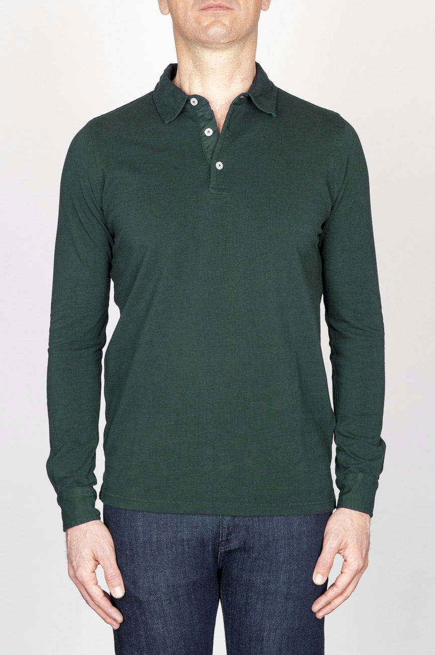 Classic Long Sleeve Stone Washed Dark Green Pique Polo Shirt