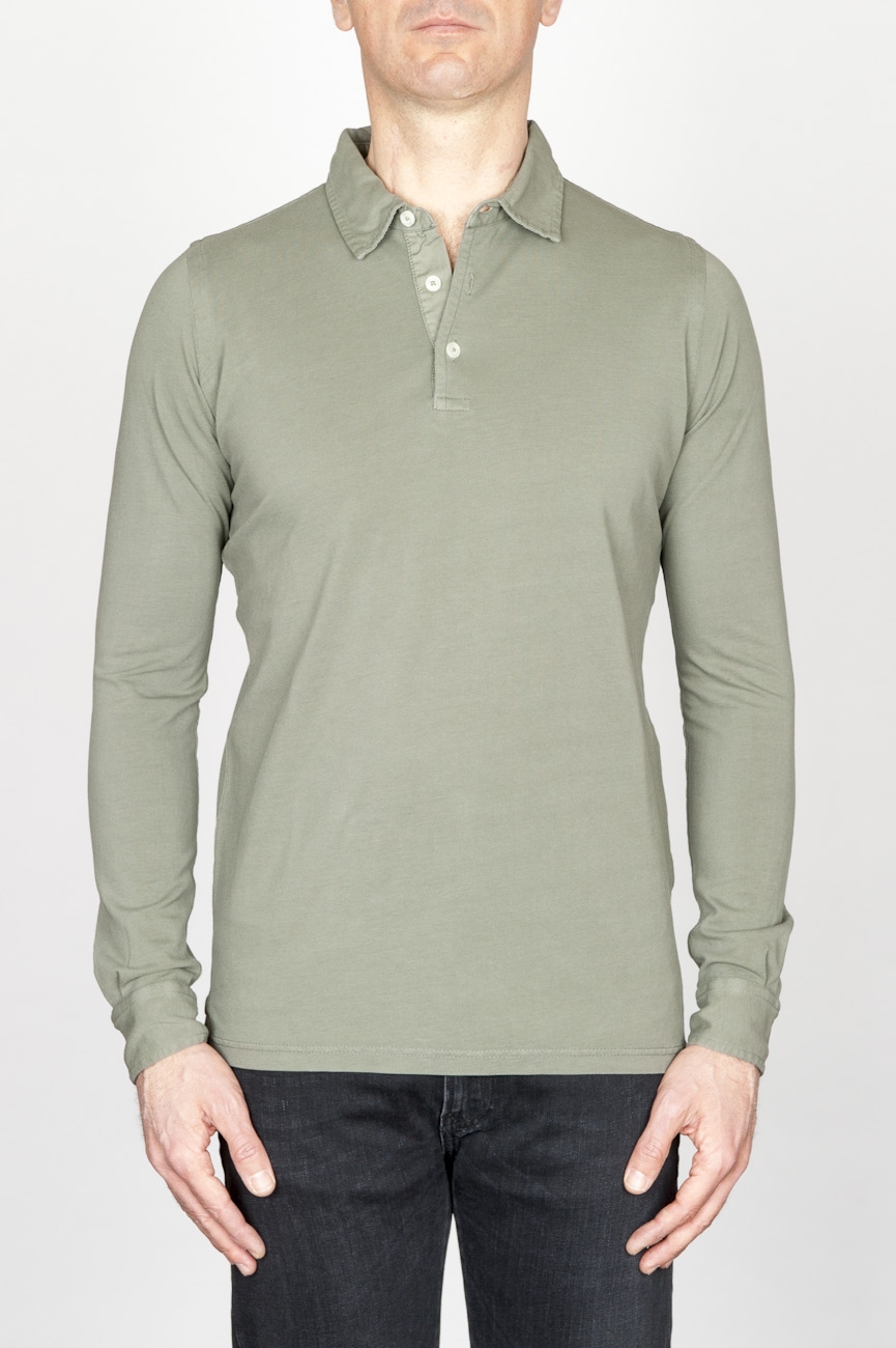 Classic Long Sleeve Stone Washed Military Green Pique Polo Shirt