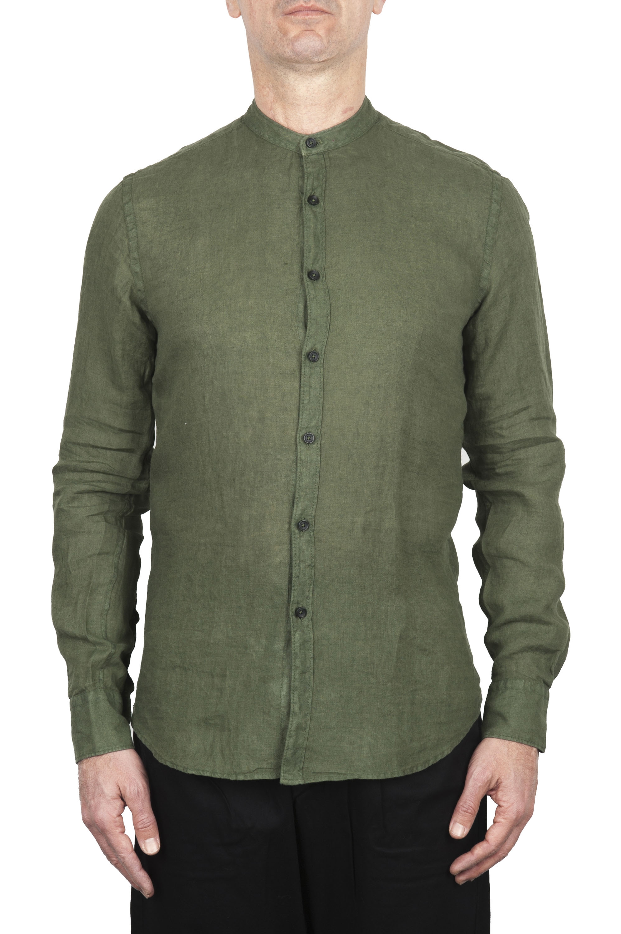 SBU 02026_2020SS Classic mandarin collar green linen shirt 01
