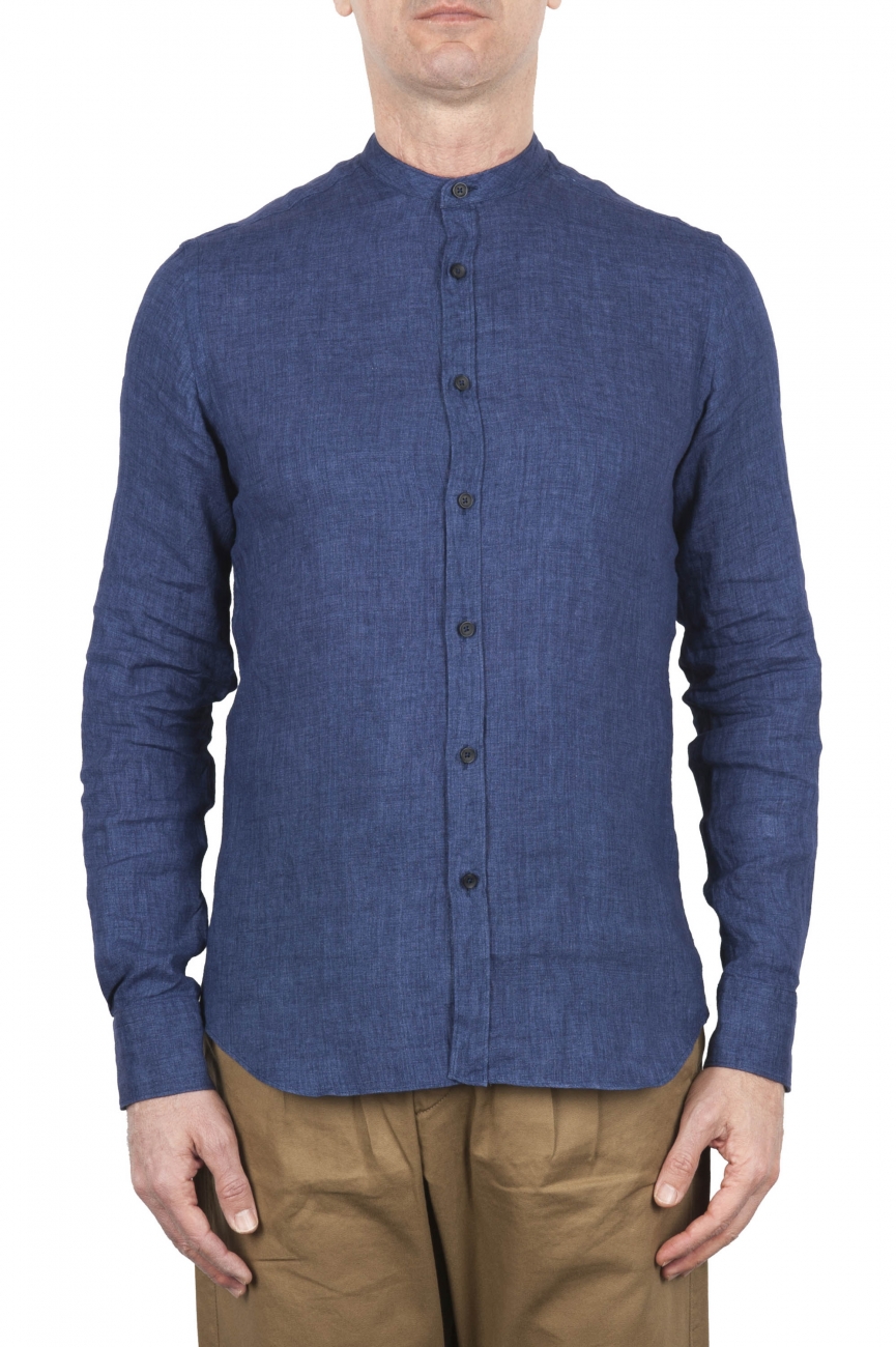 SBU 02027_2020SS Classic mandarin collar blue linen shirt 01