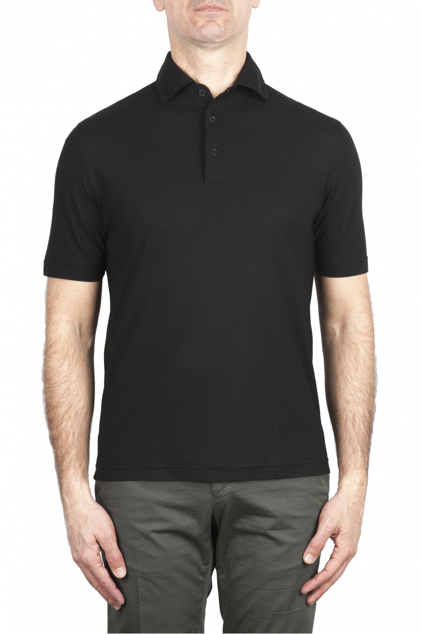 SBU 02032_2020SS Short sleeve black cotton crepe polo shirt  01